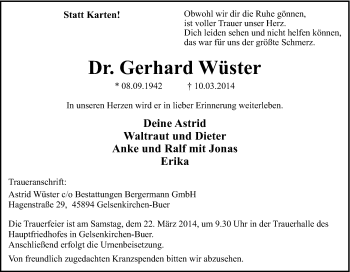 Traueranzeige von Gerhard Wüster von Tageszeitung