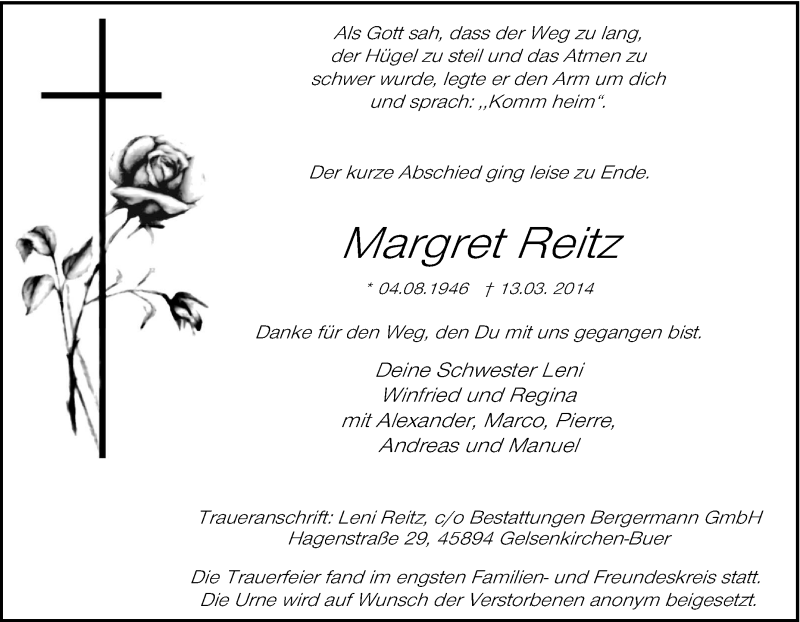  Traueranzeige für Margret Reitz vom 19.03.2014 aus Tageszeitung