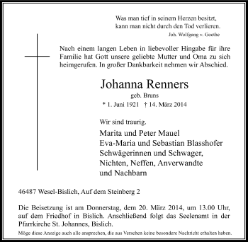 Traueranzeige von Johanna Renners von Tageszeitung