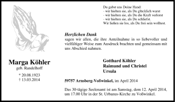 Traueranzeige von Marga Köhler von Tageszeitung
