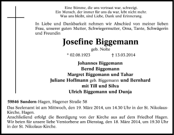 Traueranzeige von Josefine Biggemann von Tageszeitung