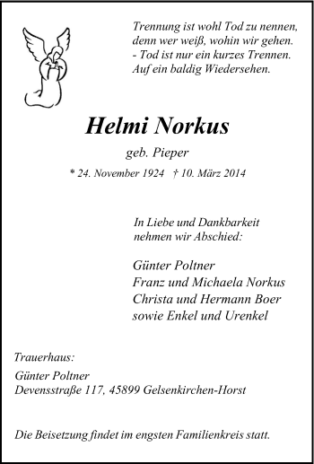 Traueranzeige von Helmi Norkus von Tageszeitung