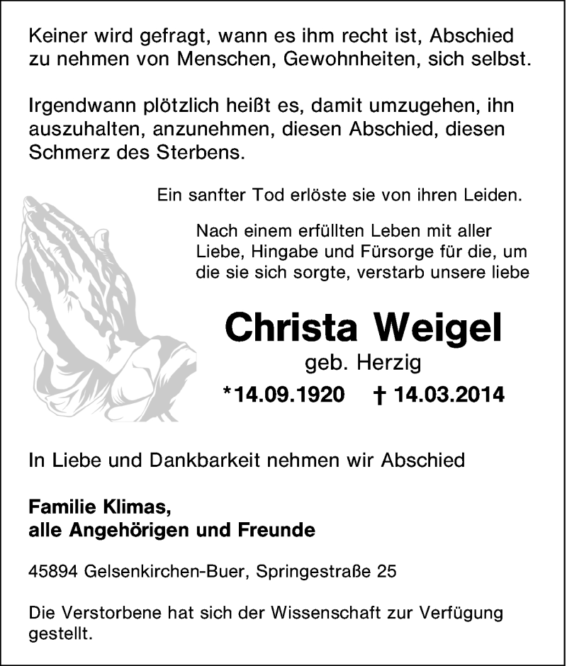  Traueranzeige für Christa Weigel vom 17.03.2014 aus Tageszeitung
