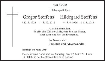 Traueranzeige von Gregor und Hildegard Steffens von Tageszeitung