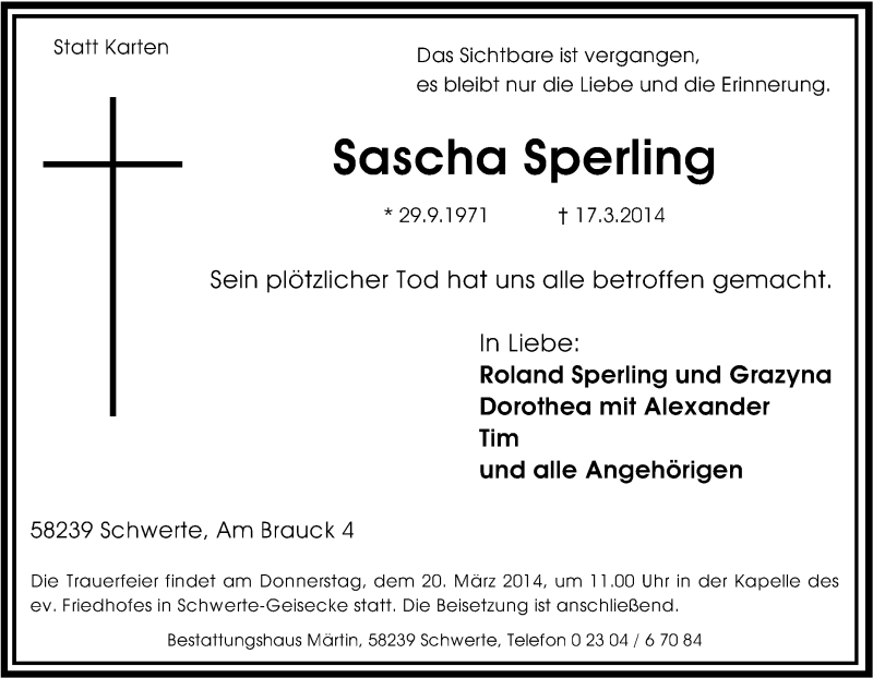  Traueranzeige für Sascha Sperling vom 18.03.2014 aus Tageszeitung