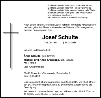 Traueranzeige von Josef Schulte von Tageszeitung