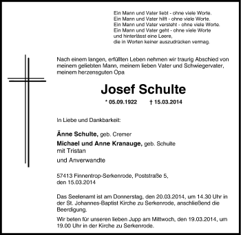 Traueranzeige von Josef Schulte von Tageszeitung