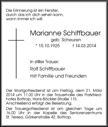 Traueranzeige von Marianne Schiffbauer von Tageszeitung