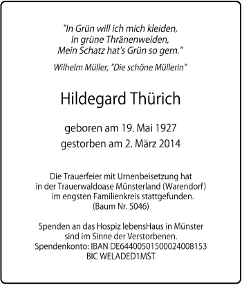 Traueranzeige von Hildegard Thürich von Tageszeitung