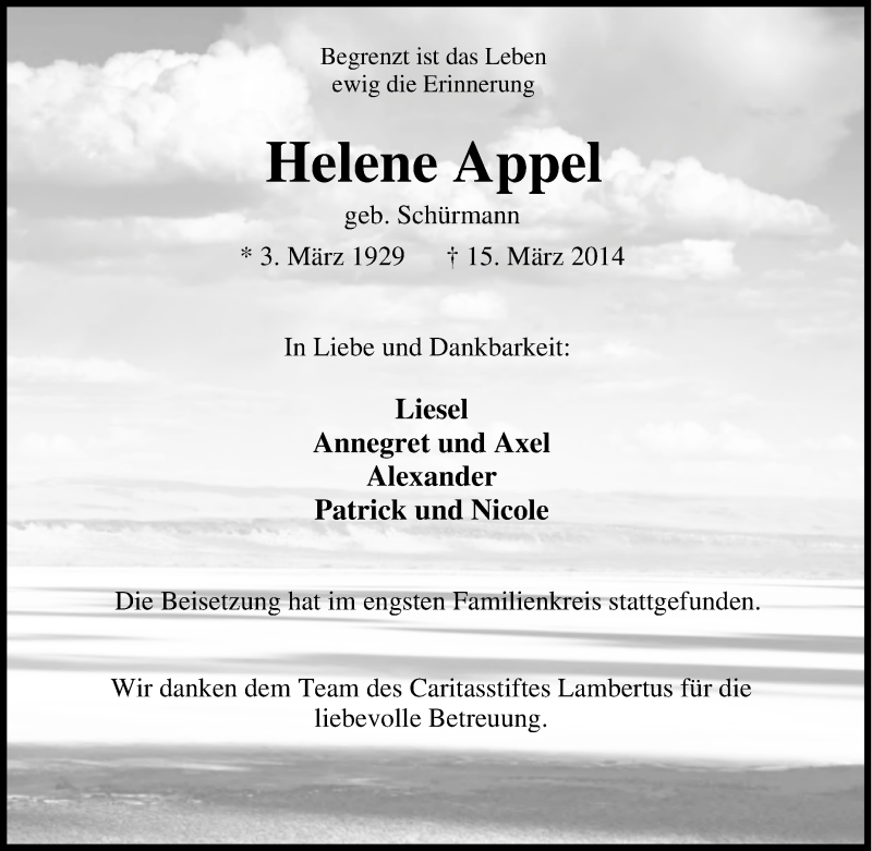 Traueranzeige für Helene Appel vom 22.03.2014 aus Tageszeitung