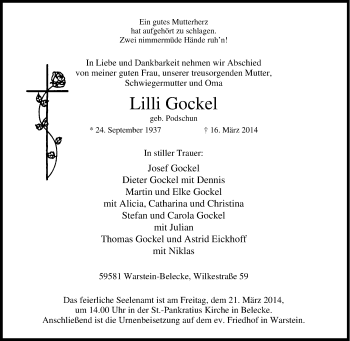 Traueranzeige von Lilli Gockel von Tageszeitung