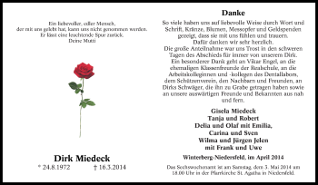 Traueranzeige von Dirk Miedeck von Tageszeitung