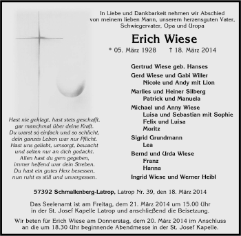 Traueranzeige von Erich Wiese von Tageszeitung