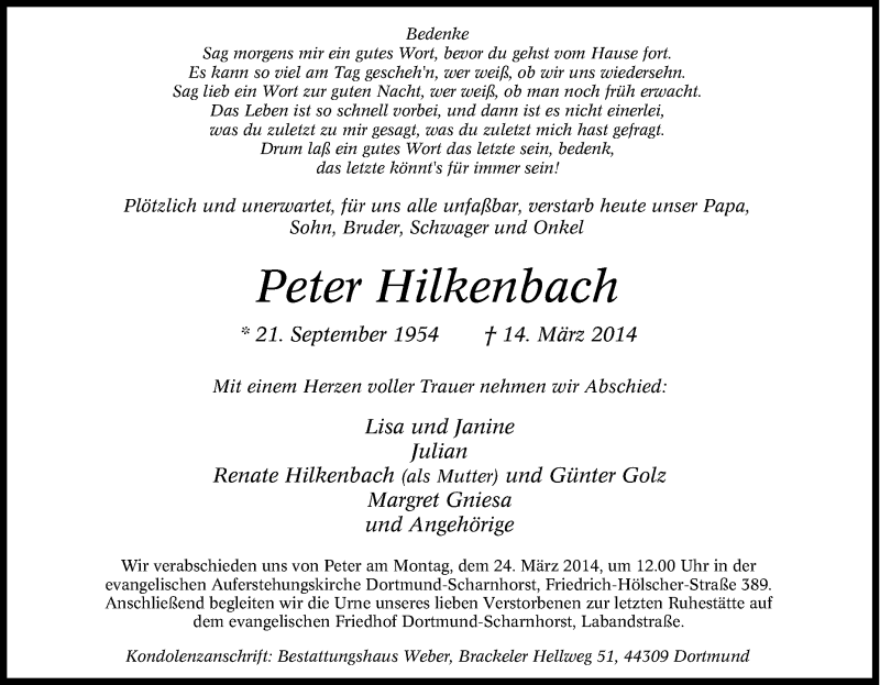  Traueranzeige für Peter Hilkenbach vom 19.03.2014 aus Tageszeitung