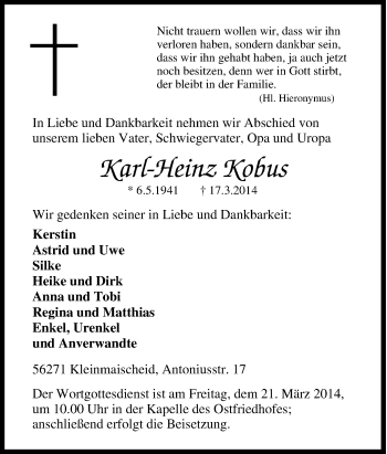 Traueranzeige von Karl-Heinz Kobus von Tageszeitung