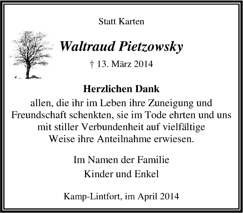 Traueranzeige für Waltraud Pietzowsky vom 20.03.2014 aus Tageszeitung