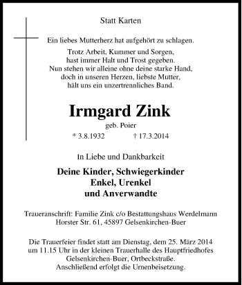 Traueranzeige von Irmgard Zink von Tageszeitung