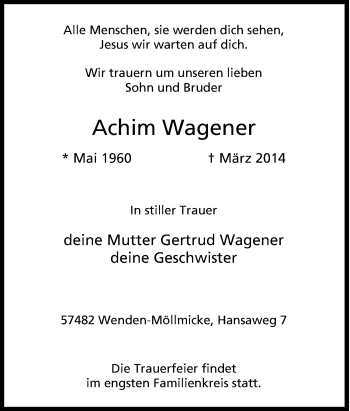 Traueranzeige von Achim Wagener von Tageszeitung