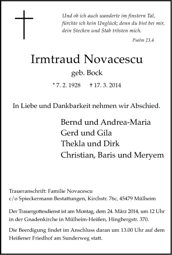 Traueranzeige von Irmtraud Novacescu von Tageszeitung