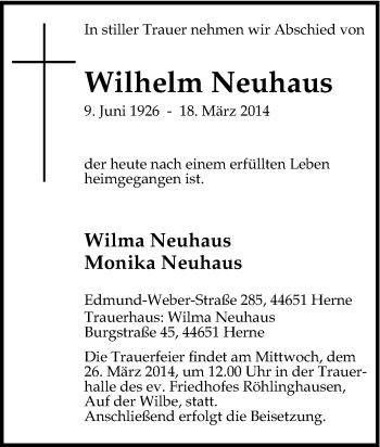 Traueranzeige von Wilhelm Neuhaus von Tageszeitung