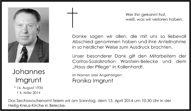  Traueranzeige für Johannes Imgrunt vom 22.03.2014 aus Tageszeitung