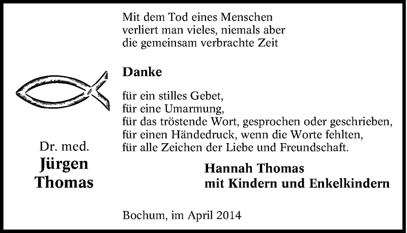 Traueranzeige für Jürgen Thomas vom 22.03.2014 aus Tageszeitung