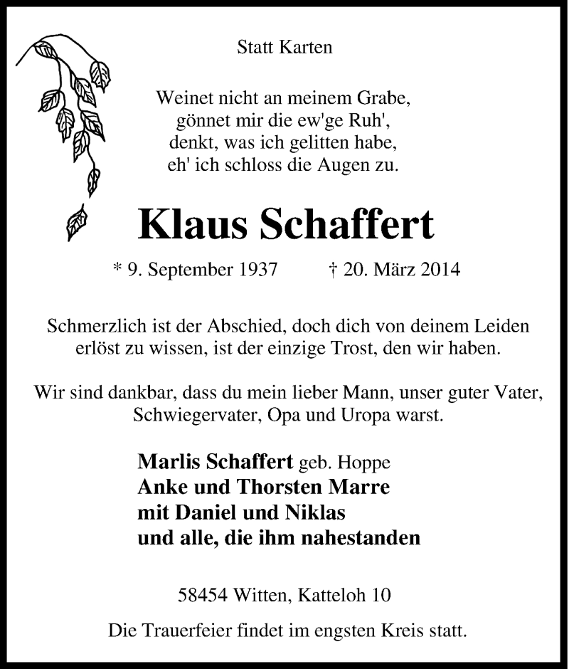  Traueranzeige für Klaus Schaffert vom 22.03.2014 aus Tageszeitung