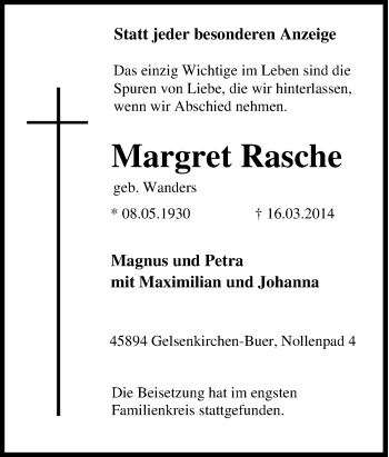 Traueranzeige von Margret Rasche von Tageszeitung