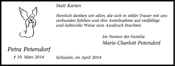 Traueranzeige von Petra Petersdorf von Tageszeitung