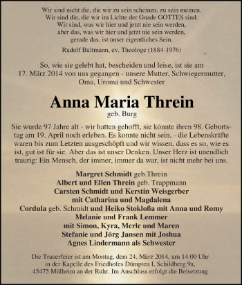 Traueranzeige von Anna Maria Threin von Tageszeitung