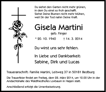 Traueranzeige von Gisela Martini von Tageszeitung