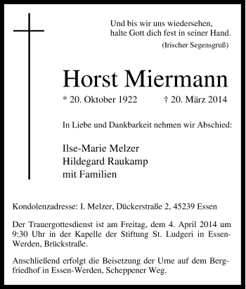 Traueranzeige von Horst Miermann von Tageszeitung