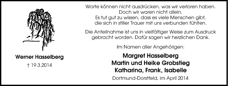  Traueranzeige für Werner Hasselberg vom 22.03.2014 aus Tageszeitung