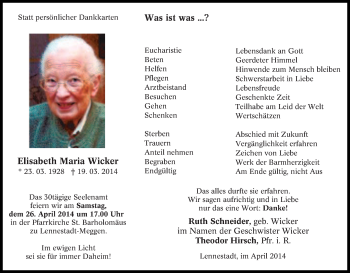 Traueranzeige von Elisabeth Maria Wicker von Tageszeitung