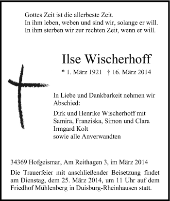 Traueranzeige von Ilse Wischerhoff von Tageszeitung
