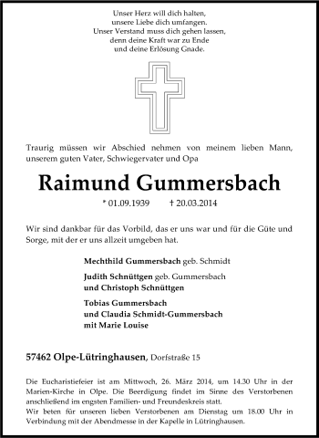 Traueranzeige von Raimund Gummersbach von Tageszeitung