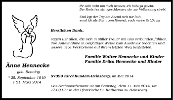 Traueranzeige von Änne Hennecke von Tageszeitung