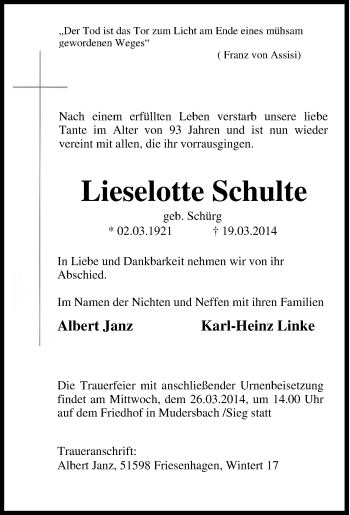 Traueranzeige von Lieselotte Schulte von Tageszeitung