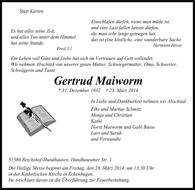  Traueranzeige für Gertrud Maiworm vom 25.03.2014 aus Tageszeitung