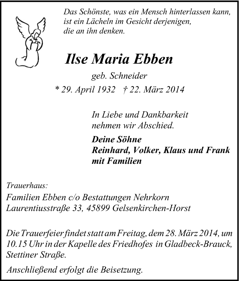  Traueranzeige für Ilse Maria Ebben vom 25.03.2014 aus Tageszeitung