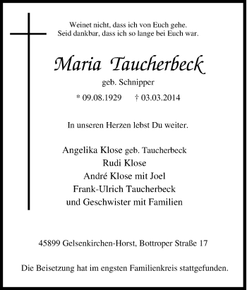 Traueranzeige von Maria Taucherdeck von Tageszeitung