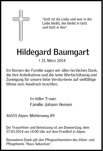 Traueranzeige von Hildegard Baumgart von Tageszeitung