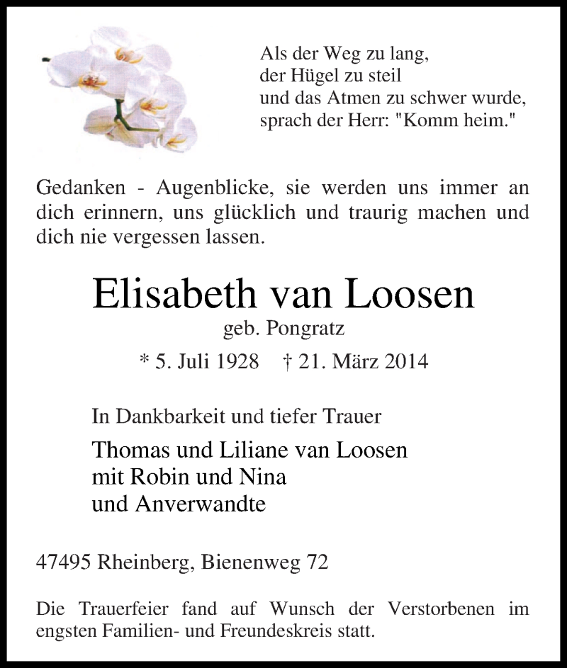  Traueranzeige für Elisabeth van Loosen vom 29.03.2014 aus Tageszeitung