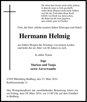 Traueranzeige von Hermann Helmig von Tageszeitung