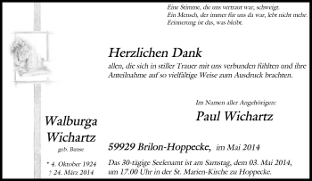 Traueranzeige von Walburga Wichartz von Tageszeitung