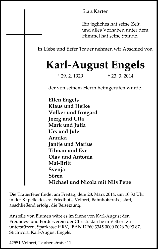 Traueranzeigen von KarlAugust Engels TrauerinNRW.de