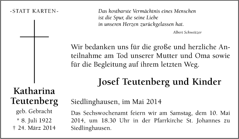  Traueranzeige für Katharina Teutenberg vom 26.03.2014 aus Tageszeitung