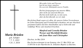 Traueranzeige von Maria Brieden von Tageszeitung