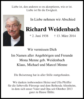 Traueranzeige von Richard Weidenbach von Tageszeitung