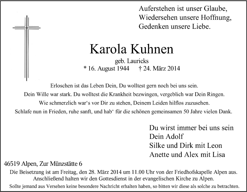  Traueranzeige für Karola Kuhnen vom 27.03.2014 aus Tageszeitung